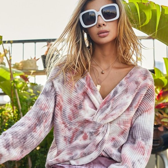 Cranberry Wine Tie Dye Twist V Reversible Sweater - Picture 3 of 14